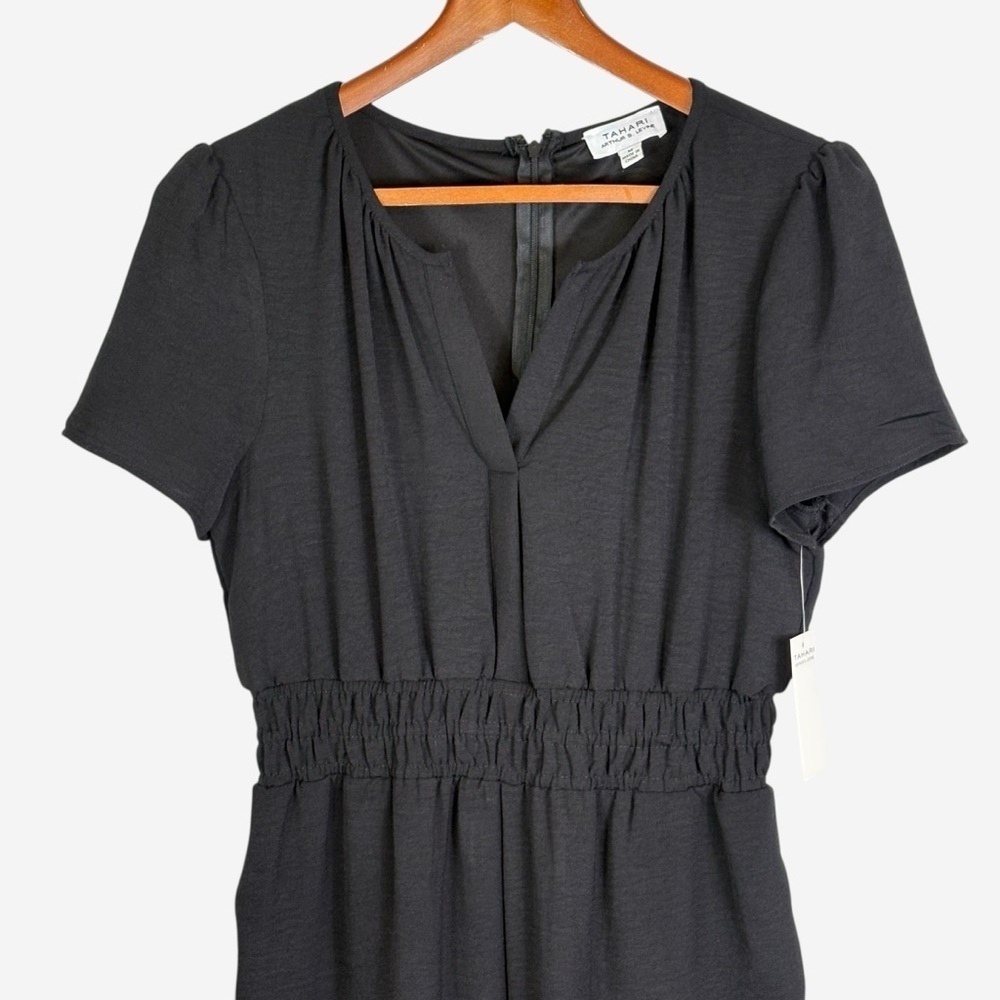 Tahari ASL Black Jumpsuit Size M Short Sleeve Elastic Waist Pockets 28” Inseam - Picture 2 of 12